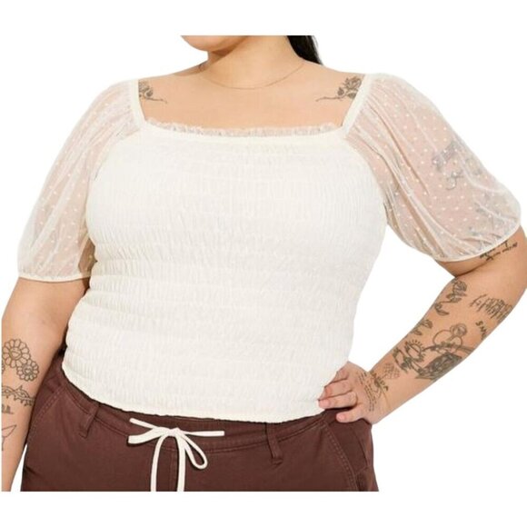 Torrid Top Milkmaid 4X Cream Swiss Dot Mesh Feminine Coquette Smock Crop Boho - Picture 1 of 13